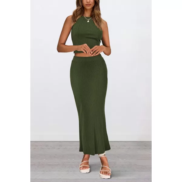 imagePRETTYGARDEN Womens Summer Two Piece Outfits Ribbed Crewneck Sleeveless Cropped Tank Tops and Bodycon Midi Skirt Matching SetArmy Green
