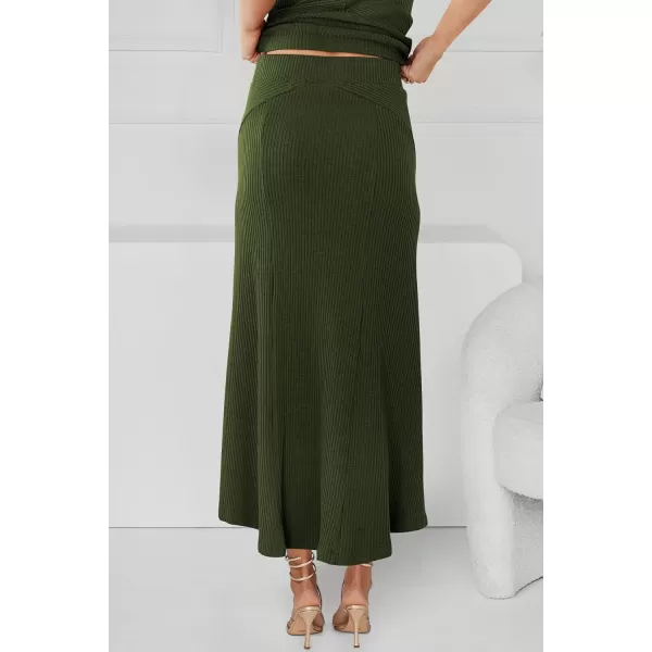 imagePRETTYGARDEN Womens Summer Two Piece Outfits Ribbed Crewneck Sleeveless Cropped Tank Tops and Bodycon Midi Skirt Matching SetArmy Green