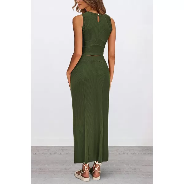 imagePRETTYGARDEN Womens Summer Two Piece Outfits Ribbed Crewneck Sleeveless Cropped Tank Tops and Bodycon Midi Skirt Matching SetArmy Green