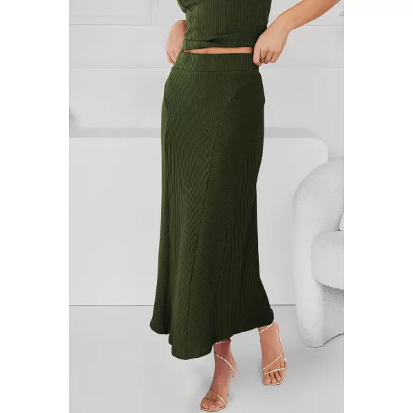 imagePRETTYGARDEN Womens Summer Two Piece Outfits Ribbed Crewneck Sleeveless Cropped Tank Tops and Bodycon Midi Skirt Matching SetArmy Green