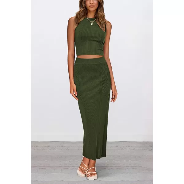 imagePRETTYGARDEN Womens Summer Two Piece Outfits Ribbed Crewneck Sleeveless Cropped Tank Tops and Bodycon Midi Skirt Matching SetArmy Green