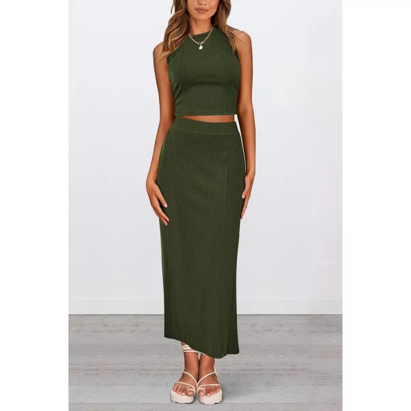 imagePRETTYGARDEN Womens Summer Two Piece Outfits Ribbed Crewneck Sleeveless Cropped Tank Tops and Bodycon Midi Skirt Matching SetArmy Green