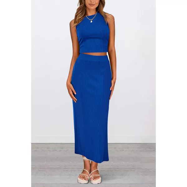 imagePRETTYGARDEN Womens Summer Two Piece Outfits Ribbed Crewneck Sleeveless Cropped Tank Tops and Bodycon Midi Skirt Matching SetBlue