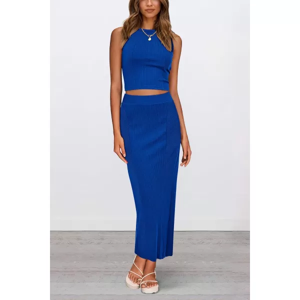 imagePRETTYGARDEN Womens Summer Two Piece Outfits Ribbed Crewneck Sleeveless Cropped Tank Tops and Bodycon Midi Skirt Matching SetBlue