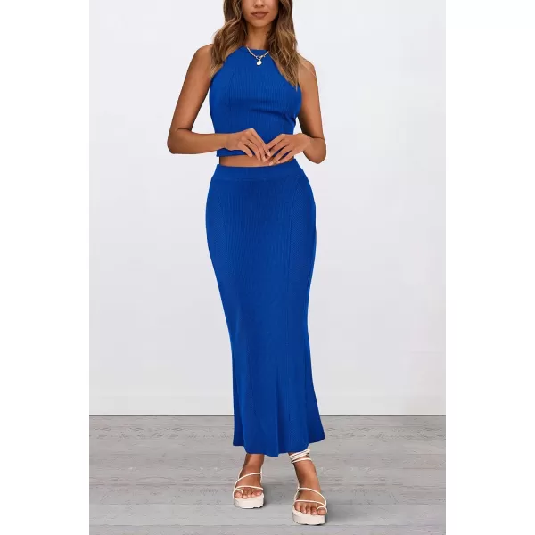 imagePRETTYGARDEN Womens Summer Two Piece Outfits Ribbed Crewneck Sleeveless Cropped Tank Tops and Bodycon Midi Skirt Matching SetBlue