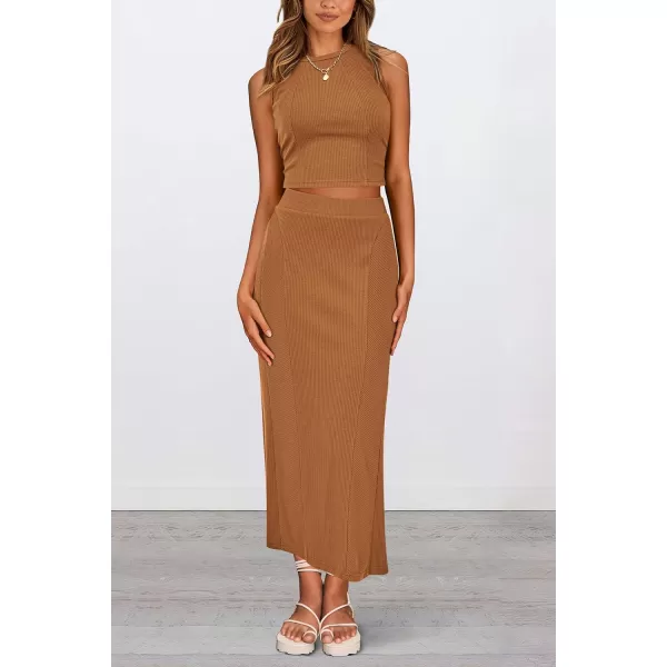 imagePRETTYGARDEN Womens Summer Two Piece Outfits Ribbed Crewneck Sleeveless Cropped Tank Tops and Bodycon Midi Skirt Matching SetBrown