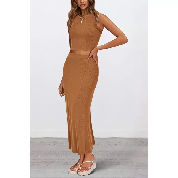 imagePRETTYGARDEN Womens Summer Two Piece Outfits Ribbed Crewneck Sleeveless Cropped Tank Tops and Bodycon Midi Skirt Matching SetBrown