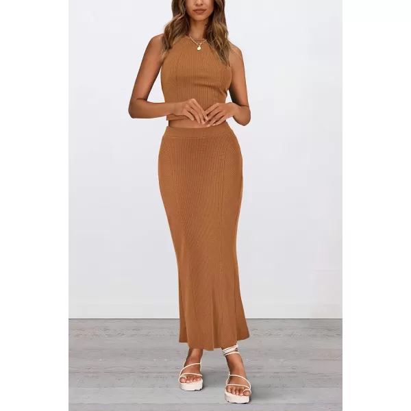 imagePRETTYGARDEN Womens Summer Two Piece Outfits Ribbed Crewneck Sleeveless Cropped Tank Tops and Bodycon Midi Skirt Matching SetBrown