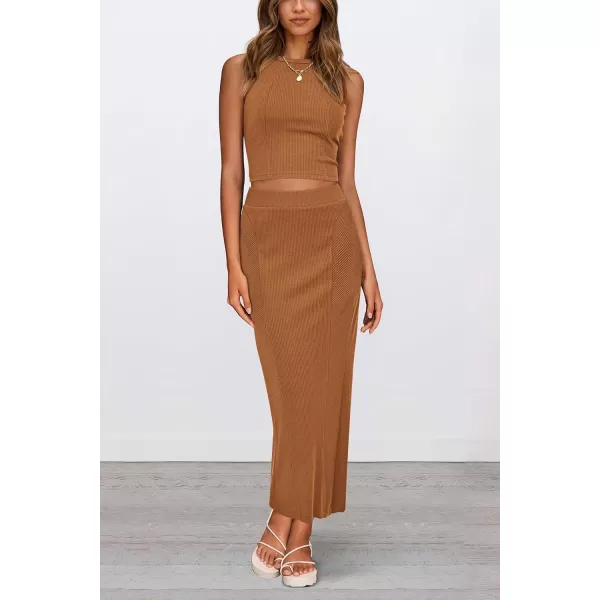 imagePRETTYGARDEN Womens Summer Two Piece Outfits Ribbed Crewneck Sleeveless Cropped Tank Tops and Bodycon Midi Skirt Matching SetBrown