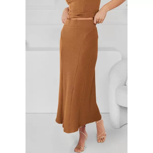 imagePRETTYGARDEN Womens Summer Two Piece Outfits Ribbed Crewneck Sleeveless Cropped Tank Tops and Bodycon Midi Skirt Matching SetBrown