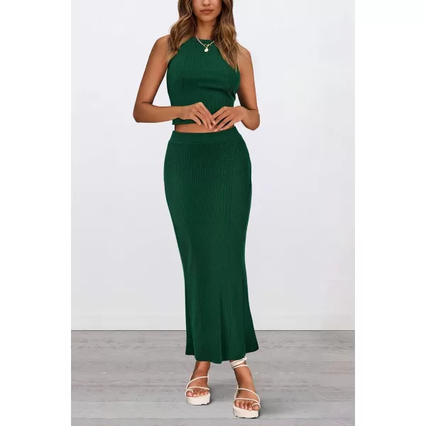 imagePRETTYGARDEN Womens Summer Two Piece Outfits Ribbed Crewneck Sleeveless Cropped Tank Tops and Bodycon Midi Skirt Matching SetDark Green