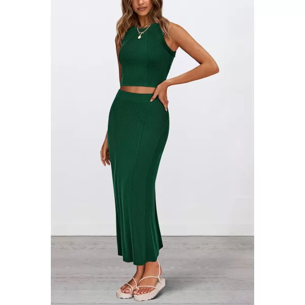 imagePRETTYGARDEN Womens Summer Two Piece Outfits Ribbed Crewneck Sleeveless Cropped Tank Tops and Bodycon Midi Skirt Matching SetDark Green