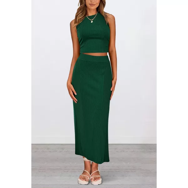 imagePRETTYGARDEN Womens Summer Two Piece Outfits Ribbed Crewneck Sleeveless Cropped Tank Tops and Bodycon Midi Skirt Matching SetDark Green