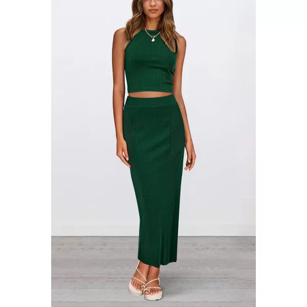imagePRETTYGARDEN Womens Summer Two Piece Outfits Ribbed Crewneck Sleeveless Cropped Tank Tops and Bodycon Midi Skirt Matching SetDark Green