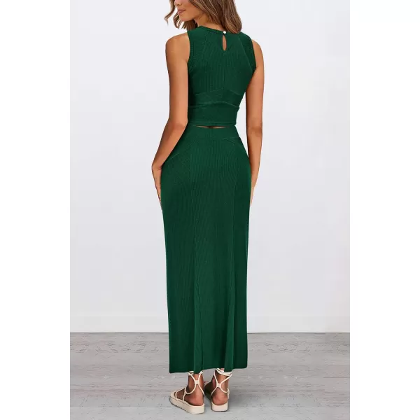 imagePRETTYGARDEN Womens Summer Two Piece Outfits Ribbed Crewneck Sleeveless Cropped Tank Tops and Bodycon Midi Skirt Matching SetDark Green