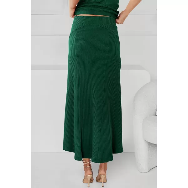 imagePRETTYGARDEN Womens Summer Two Piece Outfits Ribbed Crewneck Sleeveless Cropped Tank Tops and Bodycon Midi Skirt Matching SetDark Green