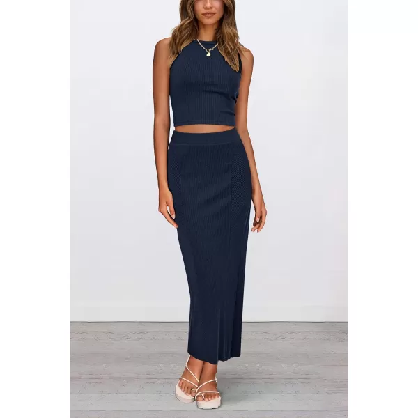 imagePRETTYGARDEN Womens Summer Two Piece Outfits Ribbed Crewneck Sleeveless Cropped Tank Tops and Bodycon Midi Skirt Matching SetNavy