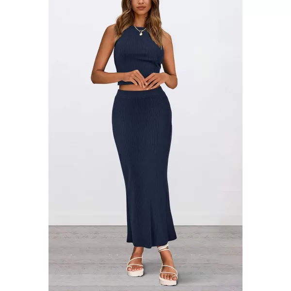 imagePRETTYGARDEN Womens Summer Two Piece Outfits Ribbed Crewneck Sleeveless Cropped Tank Tops and Bodycon Midi Skirt Matching SetNavy