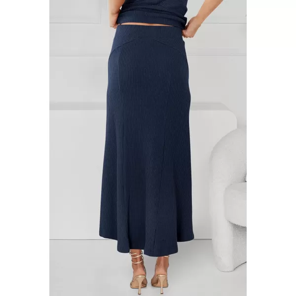 imagePRETTYGARDEN Womens Summer Two Piece Outfits Ribbed Crewneck Sleeveless Cropped Tank Tops and Bodycon Midi Skirt Matching SetNavy