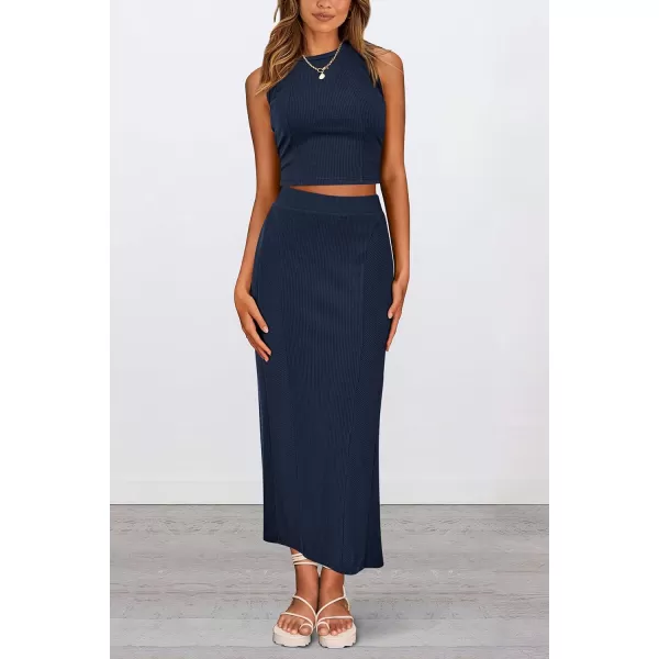 imagePRETTYGARDEN Womens Summer Two Piece Outfits Ribbed Crewneck Sleeveless Cropped Tank Tops and Bodycon Midi Skirt Matching SetNavy