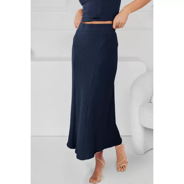 imagePRETTYGARDEN Womens Summer Two Piece Outfits Ribbed Crewneck Sleeveless Cropped Tank Tops and Bodycon Midi Skirt Matching SetNavy