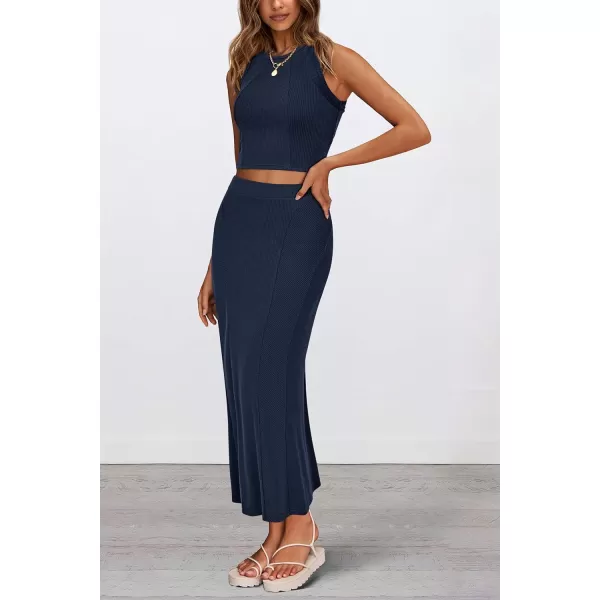 imagePRETTYGARDEN Womens Summer Two Piece Outfits Ribbed Crewneck Sleeveless Cropped Tank Tops and Bodycon Midi Skirt Matching SetNavy