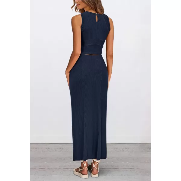 imagePRETTYGARDEN Womens Summer Two Piece Outfits Ribbed Crewneck Sleeveless Cropped Tank Tops and Bodycon Midi Skirt Matching SetNavy