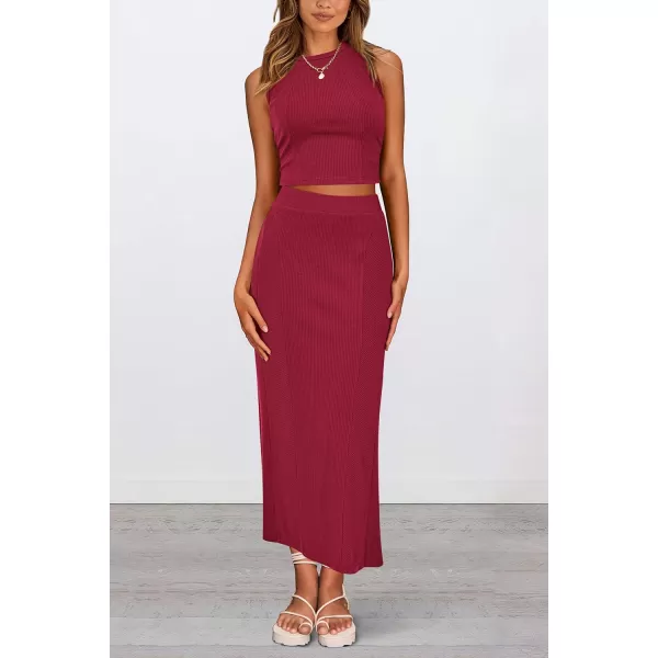 imagePRETTYGARDEN Womens Summer Two Piece Outfits Ribbed Crewneck Sleeveless Cropped Tank Tops and Bodycon Midi Skirt Matching SetWine Red