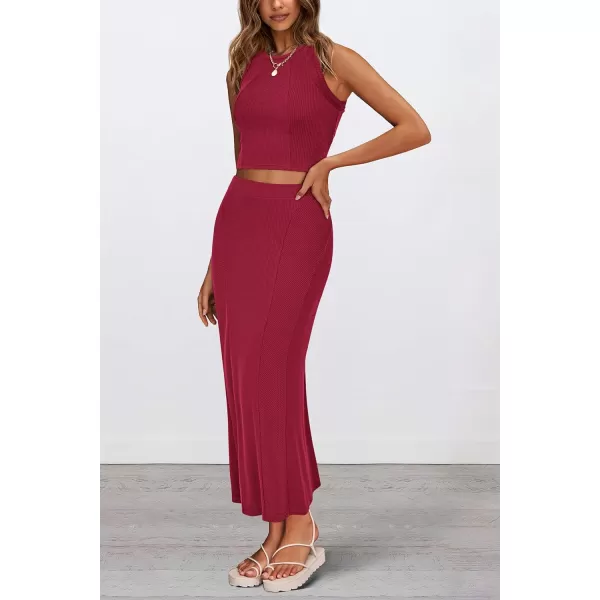 imagePRETTYGARDEN Womens Summer Two Piece Outfits Ribbed Crewneck Sleeveless Cropped Tank Tops and Bodycon Midi Skirt Matching SetWine Red