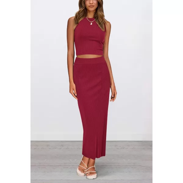 imagePRETTYGARDEN Womens Summer Two Piece Outfits Ribbed Crewneck Sleeveless Cropped Tank Tops and Bodycon Midi Skirt Matching SetWine Red