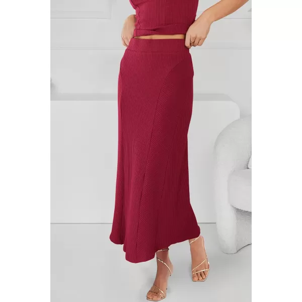 imagePRETTYGARDEN Womens Summer Two Piece Outfits Ribbed Crewneck Sleeveless Cropped Tank Tops and Bodycon Midi Skirt Matching SetWine Red