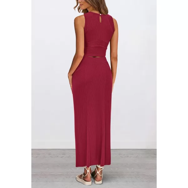 imagePRETTYGARDEN Womens Summer Two Piece Outfits Ribbed Crewneck Sleeveless Cropped Tank Tops and Bodycon Midi Skirt Matching SetWine Red