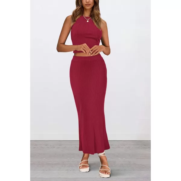 imagePRETTYGARDEN Womens Summer Two Piece Outfits Ribbed Crewneck Sleeveless Cropped Tank Tops and Bodycon Midi Skirt Matching SetWine Red