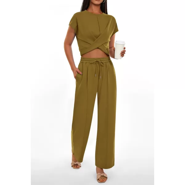 imagePRETTYGARDEN Womens Summer Two Piece Outfits Tracksuit Twist Front Crop Tops T Shirts Wide Leg Pants Matching Lounge SetsArmy Green