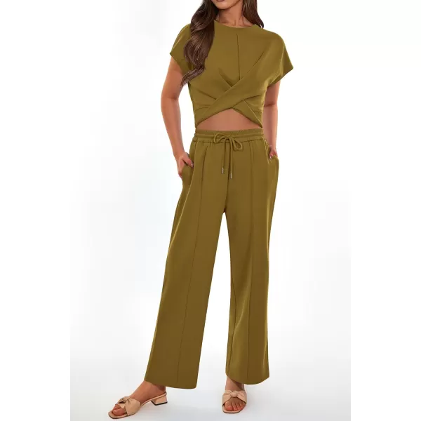 imagePRETTYGARDEN Womens Summer Two Piece Outfits Tracksuit Twist Front Crop Tops T Shirts Wide Leg Pants Matching Lounge SetsArmy Green