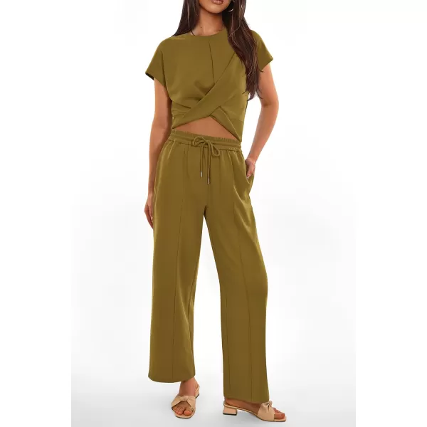 imagePRETTYGARDEN Womens Summer Two Piece Outfits Tracksuit Twist Front Crop Tops T Shirts Wide Leg Pants Matching Lounge SetsArmy Green