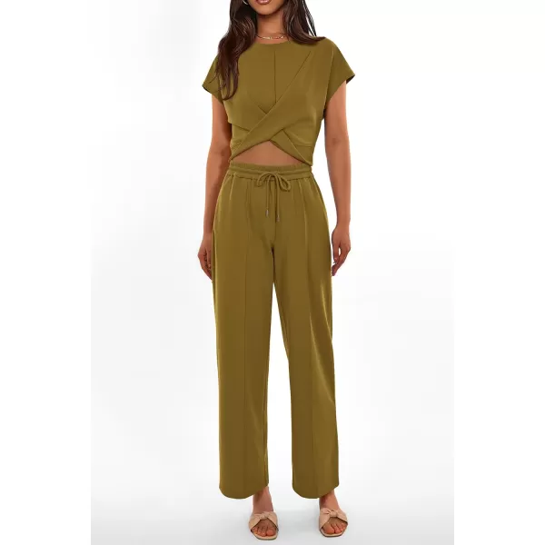 imagePRETTYGARDEN Womens Summer Two Piece Outfits Tracksuit Twist Front Crop Tops T Shirts Wide Leg Pants Matching Lounge SetsArmy Green