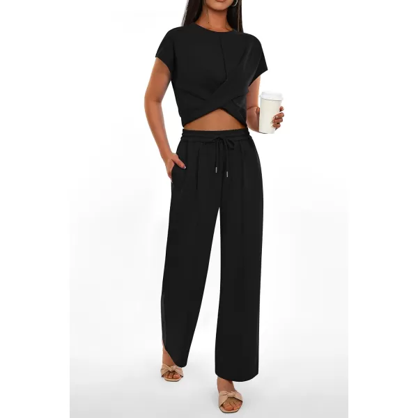 imagePRETTYGARDEN Womens Summer Two Piece Outfits Tracksuit Twist Front Crop Tops T Shirts Wide Leg Pants Matching Lounge SetsBlack