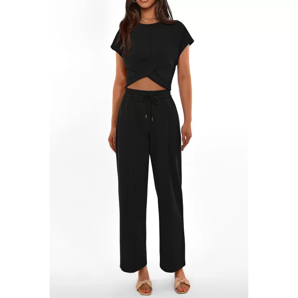 imagePRETTYGARDEN Womens Summer Two Piece Outfits Tracksuit Twist Front Crop Tops T Shirts Wide Leg Pants Matching Lounge SetsBlack