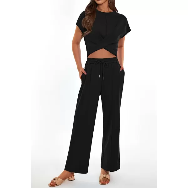 imagePRETTYGARDEN Womens Summer Two Piece Outfits Tracksuit Twist Front Crop Tops T Shirts Wide Leg Pants Matching Lounge SetsBlack