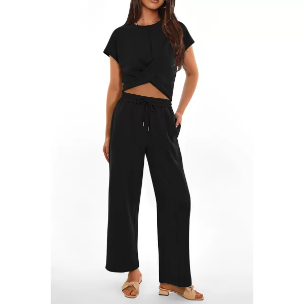imagePRETTYGARDEN Womens Summer Two Piece Outfits Tracksuit Twist Front Crop Tops T Shirts Wide Leg Pants Matching Lounge SetsBlack