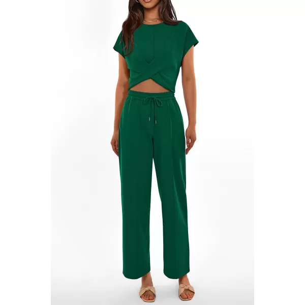 imagePRETTYGARDEN Womens Summer Two Piece Outfits Tracksuit Twist Front Crop Tops T Shirts Wide Leg Pants Matching Lounge SetsDark Green