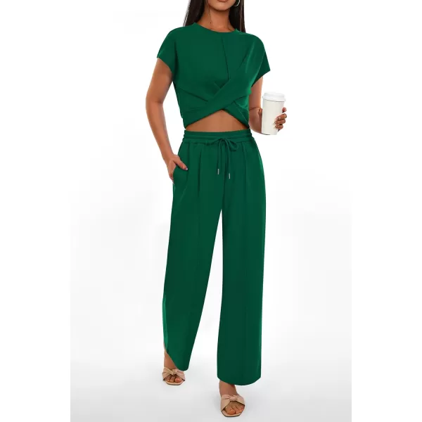 imagePRETTYGARDEN Womens Summer Two Piece Outfits Tracksuit Twist Front Crop Tops T Shirts Wide Leg Pants Matching Lounge SetsDark Green