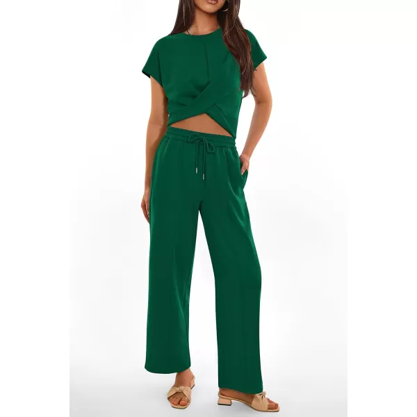 imagePRETTYGARDEN Womens Summer Two Piece Outfits Tracksuit Twist Front Crop Tops T Shirts Wide Leg Pants Matching Lounge SetsDark Green
