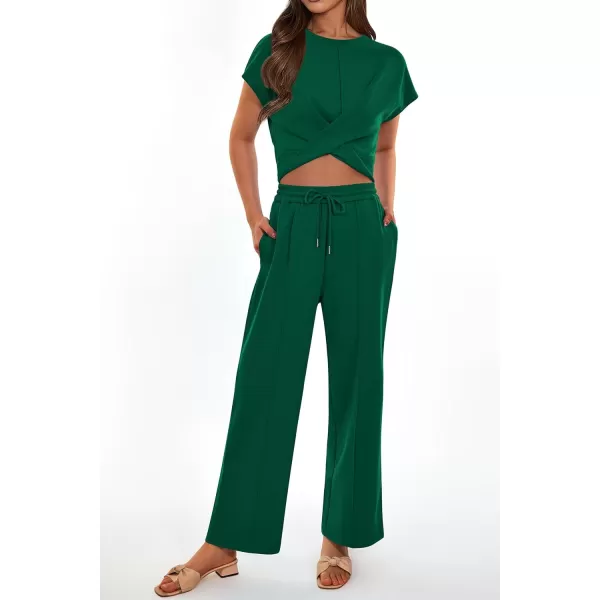 imagePRETTYGARDEN Womens Summer Two Piece Outfits Tracksuit Twist Front Crop Tops T Shirts Wide Leg Pants Matching Lounge SetsDark Green