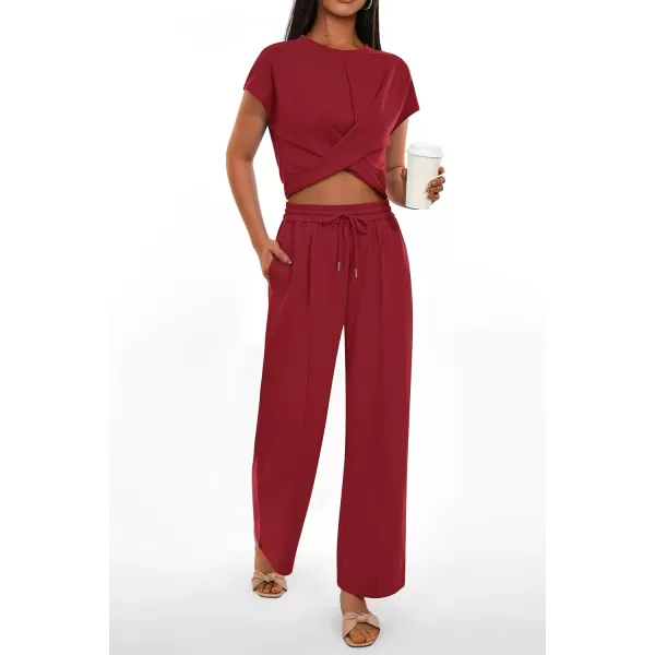 imagePRETTYGARDEN Womens Summer Two Piece Outfits Tracksuit Twist Front Crop Tops T Shirts Wide Leg Pants Matching Lounge SetsDeep Red