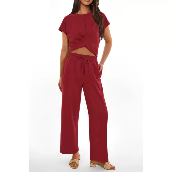 imagePRETTYGARDEN Womens Summer Two Piece Outfits Tracksuit Twist Front Crop Tops T Shirts Wide Leg Pants Matching Lounge SetsDeep Red
