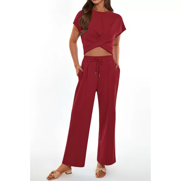 imagePRETTYGARDEN Womens Summer Two Piece Outfits Tracksuit Twist Front Crop Tops T Shirts Wide Leg Pants Matching Lounge SetsDeep Red
