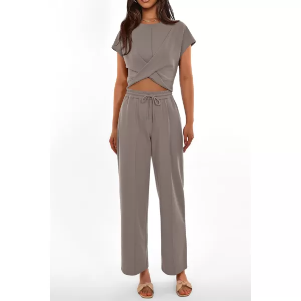 imagePRETTYGARDEN Womens Summer Two Piece Outfits Tracksuit Twist Front Crop Tops T Shirts Wide Leg Pants Matching Lounge SetsGrey