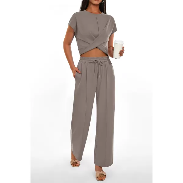 imagePRETTYGARDEN Womens Summer Two Piece Outfits Tracksuit Twist Front Crop Tops T Shirts Wide Leg Pants Matching Lounge SetsGrey